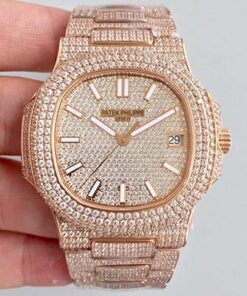 Patek Philippe Nautilus Jumbo 5719/10G-010 Rose Gold Full Diamond Dial Replica Watch - UK Replica