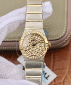Omega Constellation Ladies 27MM TW Factory Yellow Gold Textured Diamond Dial Replica Watch - UK Replica