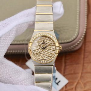 Omega Constellation Ladies 27MM TW Factory Yellow Gold Textured Diamond Dial Replica Watch - UK Replica