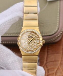 Omega Constellation Ladies 27MM TW Factory 18K Yellow Gold Textured Diamond Dial Replica Watch - UK Replica