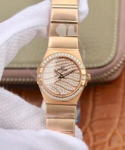 Omega Constellation Ladies 27mm TW Factory 18K Rose Gold Textured Diamond Dial Replica Watch - UK Replica