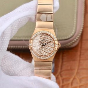 Omega Constellation Ladies 27mm TW Factory 18K Rose Gold Textured Diamond Dial Replica Watch - UK Replica