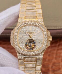 Patek Philippe Nautilus Jumbo 5711 Tourbillon R8 Factory 18K Yellow Gold Diamond Dial Replica Watch - UK Replica