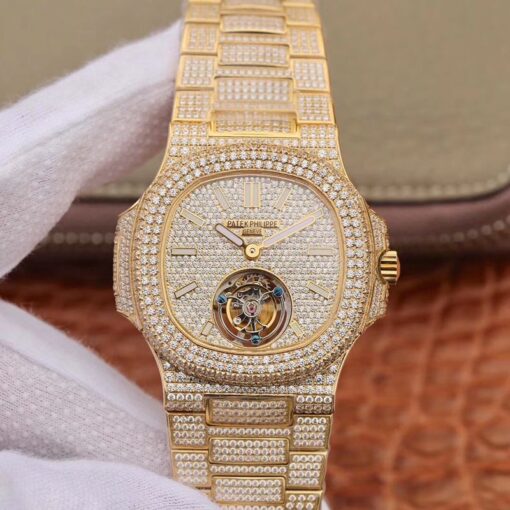 Patek Philippe Nautilus Jumbo 5711 Tourbillon R8 Factory 18K Yellow Gold Diamond Dial Replica Watch - UK Replica