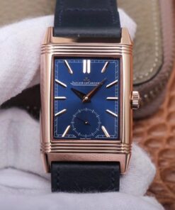 Jaeger LeCoultre Reverso Tribute Double-sided Double Time Zone Flip MG Factory Rose Gold Blue Dial Replica Watch